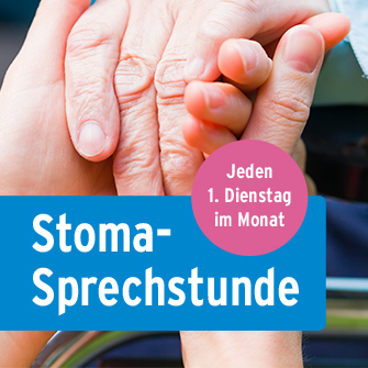 Caroli Mitarbeiterin hält die Hand einer Patientin. Auf dem Foto steht: Stoma-Sprechstunde, jeden 1. Dienstag im Monat.