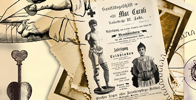 Altertümliche Illustrationen und geschichtliche Dokumente des Sanitätshaus Caroli.